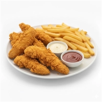 Acht krokante, goudbruin gefrituurde crispy tenders (kipstukken), mals van binnen en lekker knapperig van buiten. Geserveerd met knapperige, huisgemaakte, gekruide friet &nbsp;en huisgemaakte saus naar keuze.