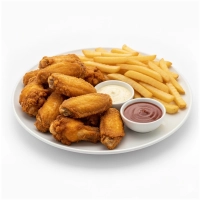 Tien gekruide, knapperig gefrituurde hot wings (kippenvleugels), heerlijk krokant van buiten en sappig van binnen. Geserveerd met knapperige, huisgemaakte, gekruide friet en huisgemaakte saus naar keuze.