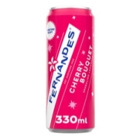 Verfrissende, bruisende kersensmaak (Fernandes Cherry Bouquet, 330 mL blik).