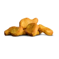 Vijf goudbruin gefrituurde kipnuggets, knapperig van buiten en gevuld met malse kip van binnen.