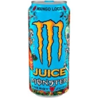 Verfrissend, bruisend energiedrank (Monster Energy Juice Drink Mango Loco 500 mL blik).