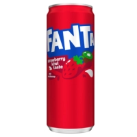 Bruisende frisdrank met een fruitige combinatie van aardbei en kiwi (Fanta Strawberry Kiwi, 330 mL blik).