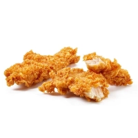 Vijf krokante, goudbruin gefrituurde crispy tenders (kipstukken), mals van binnen en lekker knapperig van buiten.