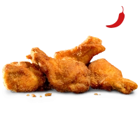 Vijf gekruide, knapperig gefrituurde hot wings (kippenvleugels), heerlijk krokant van buiten en sappig van binnen.