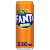 Verfrissende, bruisende sinaasappelfrisdrank (Fanta Orange, 330 mL blik).