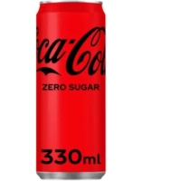 Verfrissende, bruisende cola zonder suiker (Coca Cola Zero Sugar, 330 mL blik).