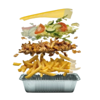 Een laag knapperige, huisgemaakte, gekruide friet met daarop mals, gekruid kalfdonervlees, gesmolten geraspte kaas, frisse salade en huisgemaakte saus naar keuze.