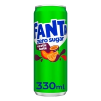 Verfrissende, bruisende exotische fruitsmaak zonde suiker (Fanta Exotic Zero Sugar, 330 mL blik).