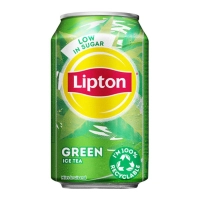 Verfrissende groene ijsthee (Lipton Green Ice Tea, 330 mL blik).