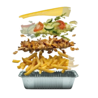 Een laag knapperige, huisgemaakte, gekruide friet met daarop mals, gekruid kipdonervlees, gesmolten geraspte kaas, frisse salade en huisgemaakte saus naar keuze.