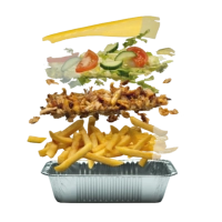 Een laag knapperige, huisgemaakte, gekruide friet met daarop knapperige, gefrituurde falafel, gesmolten geraspte kaas, frisse salade en huisgemaakte saus naar keuze.